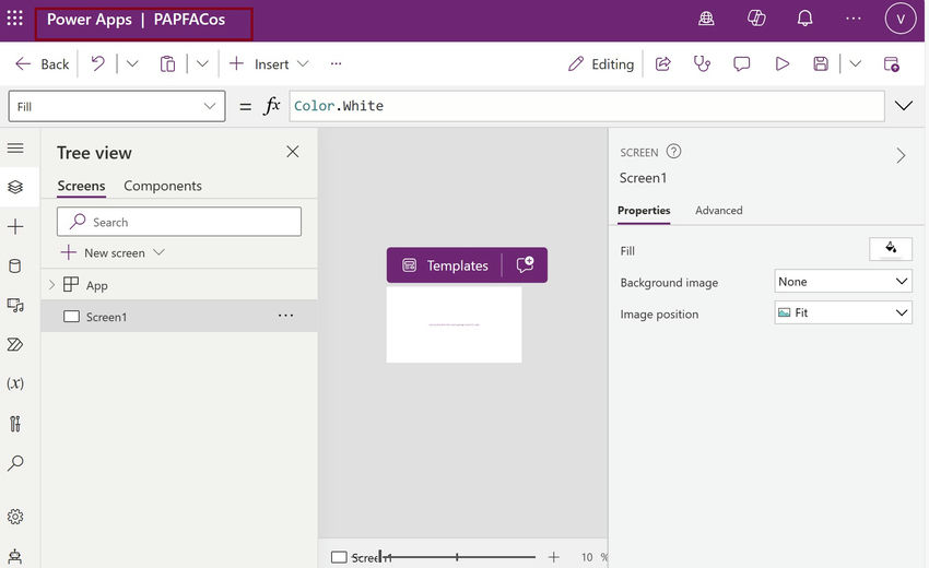 Power Apps studio environment